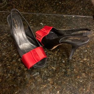 Vintage Kate Spade high heels, black suede with a red bow on the toe. 7.5